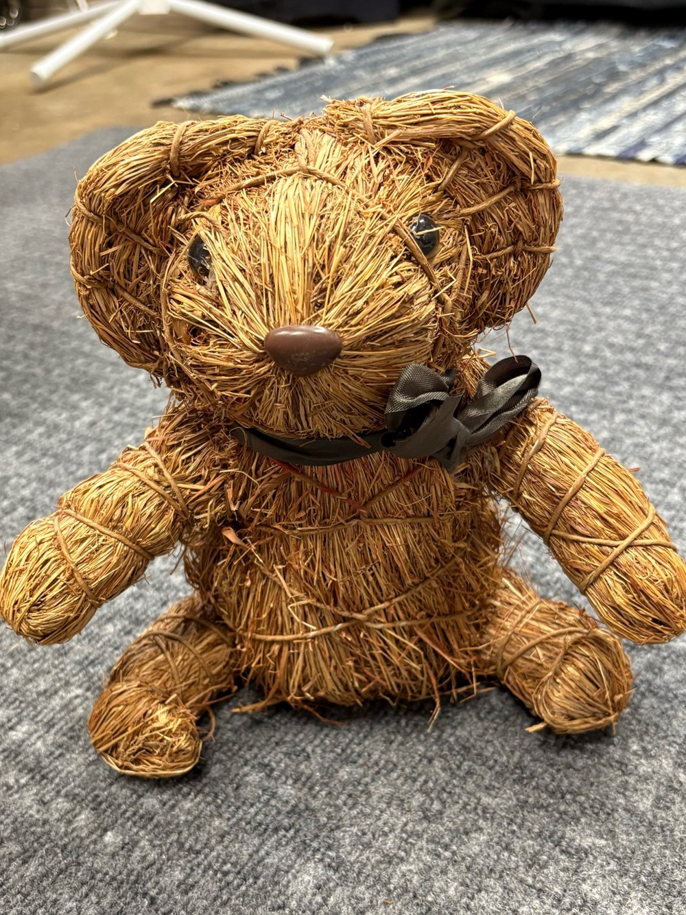 Hand Crafted Brown Straw Bear Figurine with Black Bow